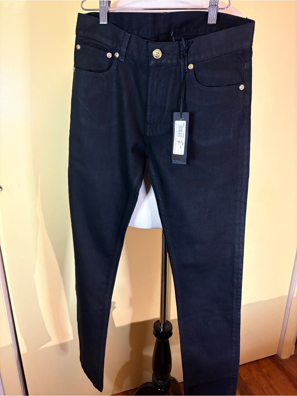 Versace Wax Black Straight-Leg Jeans with Gold Hardware